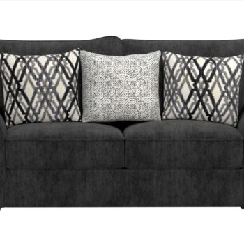 The Destiny Loveseat displayed in a modern living room setting, showcasing its elegant dark gray fabric.